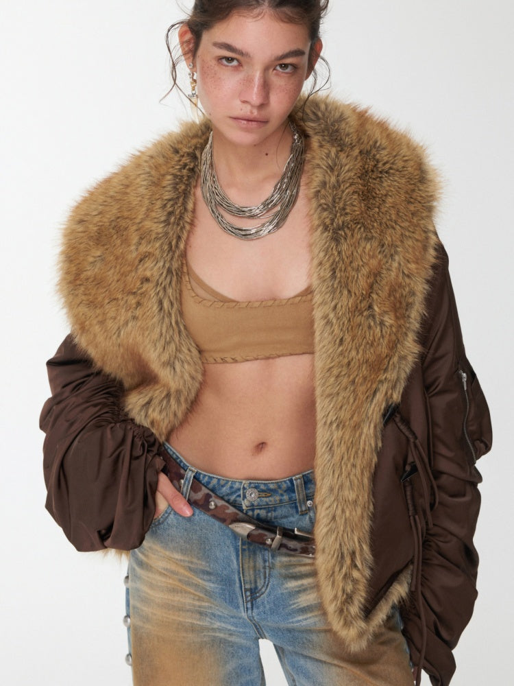 Vintage Workwear Style Sleeved Flight Lapel Fleece Design Short Jacket【s0000014960】