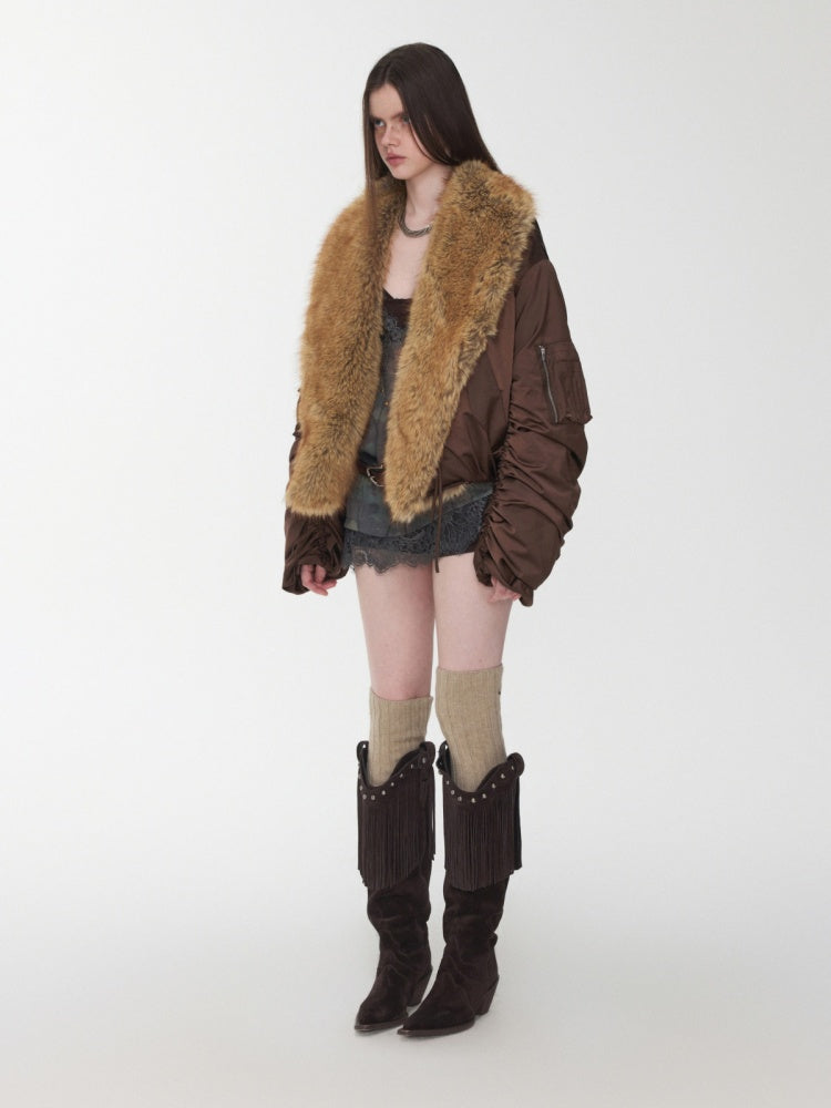 Vintage Workwear Style Sleeved Flight Lapel Fleece Design Short Jacket【s0000014960】