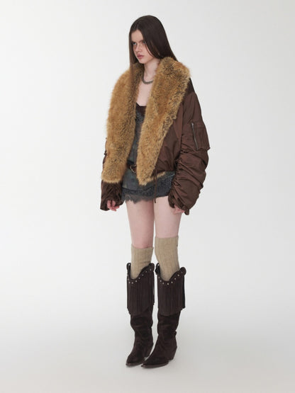 Vintage Workwear Style Sleeved Flight Lapel Fleece Design Short Jacket【s0000014960】