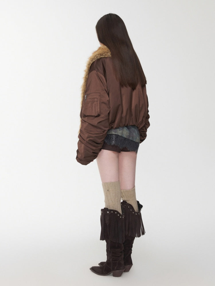 Vintage Workwear Style Sleeved Flight Lapel Fleece Design Short Jacket【s0000014960】