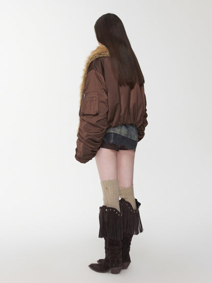 Vintage Workwear Style Sleeved Flight Lapel Fleece Design Short Jacket【s0000014960】
