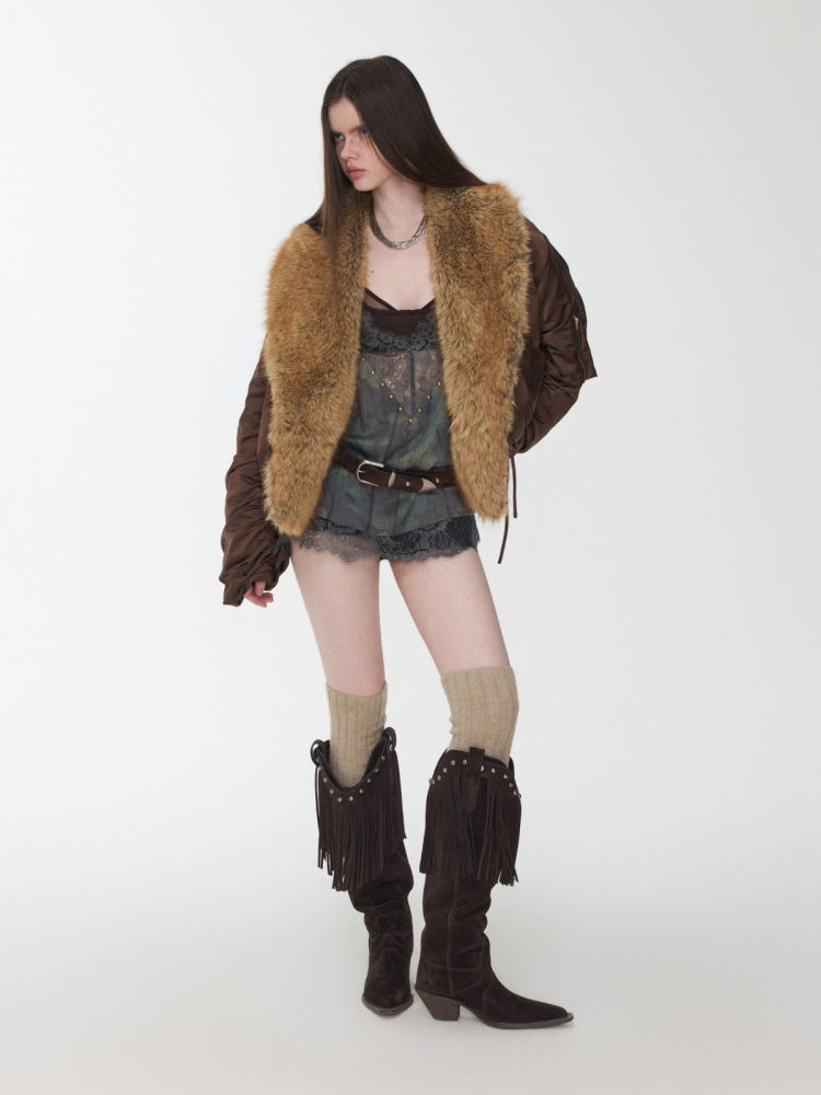 Vintage Workwear Style Sleeved Flight Lapel Fleece Design Short Jacket【s0000014960】