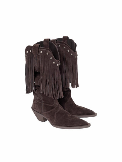 V-Mouth Pointed Toe Suede Cowhide Western Rivet Tassel Mid-Leg Knight Boots【s0000014961】