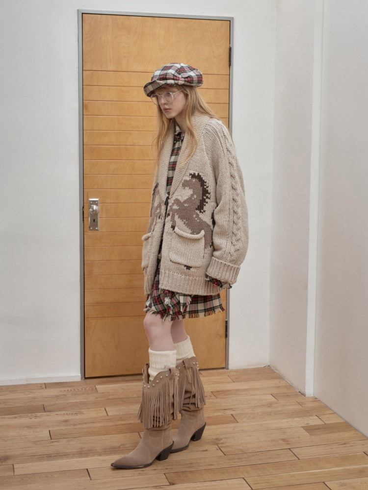 V-Mouth Pointed Toe Suede Cowhide Western Rivet Tassel Mid-Leg Knight Boots【s0000014961】