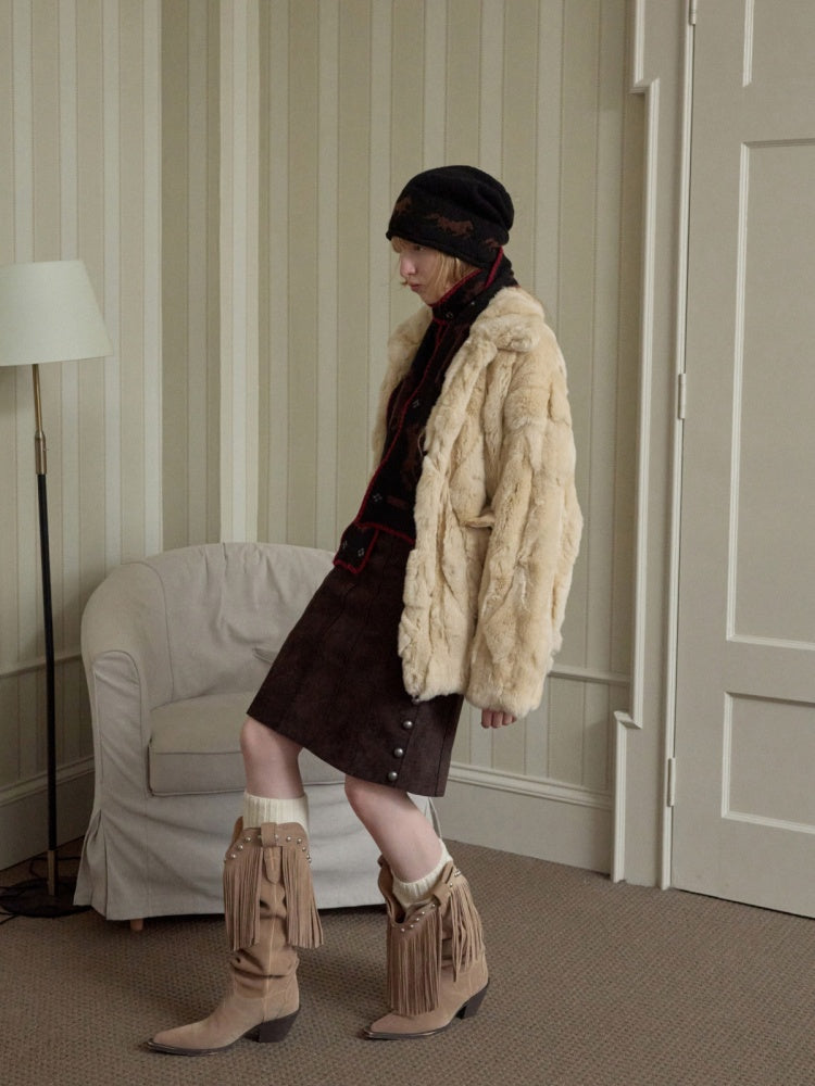 V-Mouth Pointed Toe Suede Cowhide Western Rivet Tassel Mid-Leg Knight Boots【s0000014961】