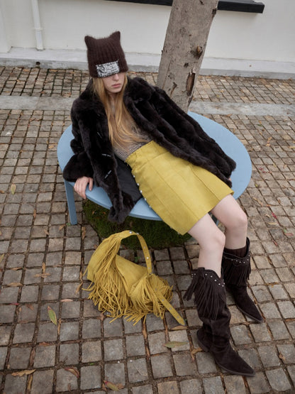 V-Mouth Pointed Toe Suede Cowhide Western Rivet Tassel Mid-Leg Knight Boots【s0000014961】