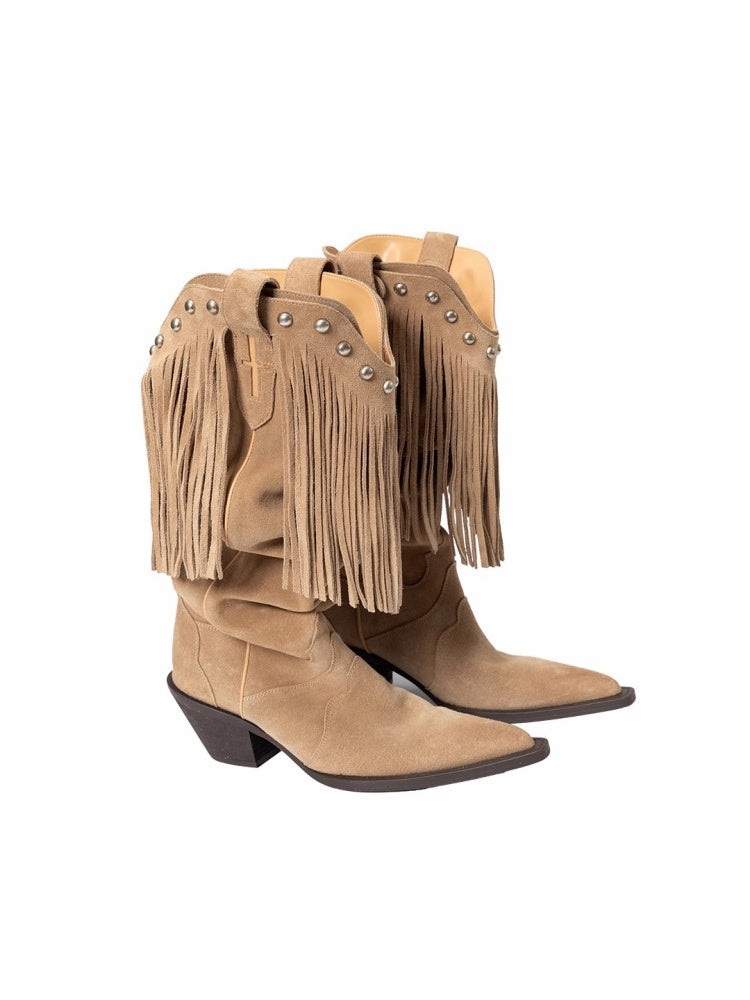V-Mouth Pointed Toe Suede Cowhide Western Rivet Tassel Mid-Leg Knight Boots【s0000014961】