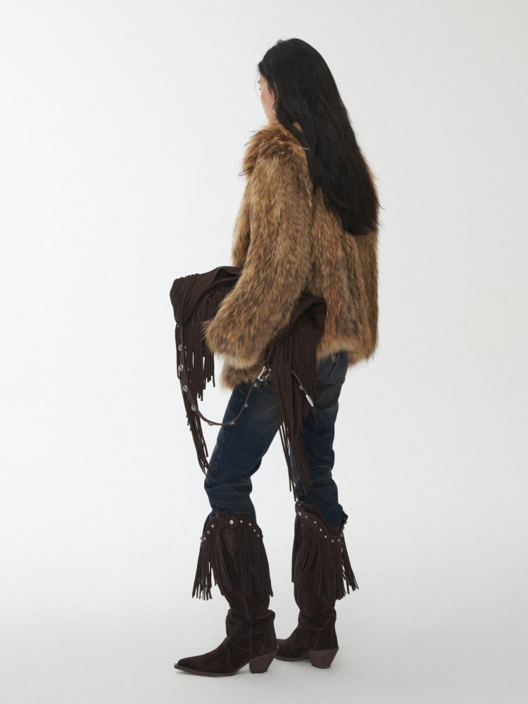 V-Mouth Pointed Toe Suede Cowhide Western Rivet Tassel Mid-Leg Knight Boots【s0000014961】