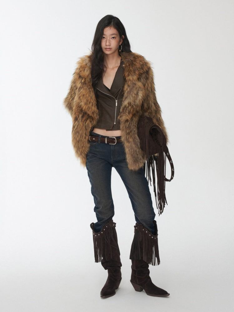 V-Mouth Pointed Toe Suede Cowhide Western Rivet Tassel Mid-Leg Knight Boots【s0000014961】