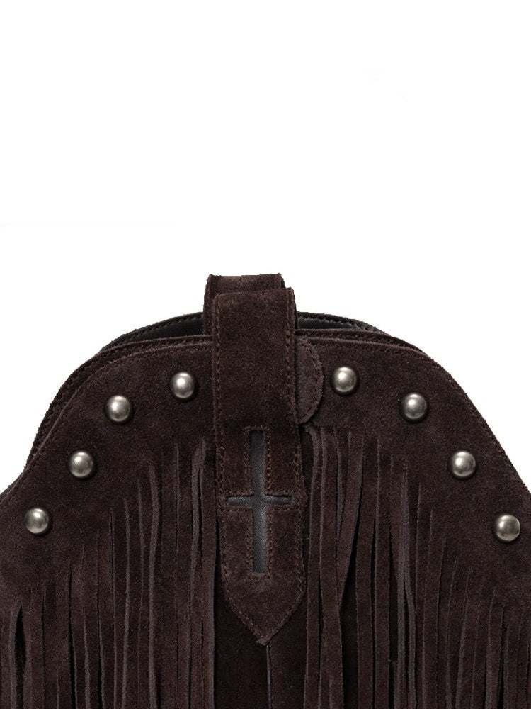 V-Mouth Pointed Toe Suede Cowhide Western Rivet Tassel Mid-Leg Knight Boots【s0000014961】