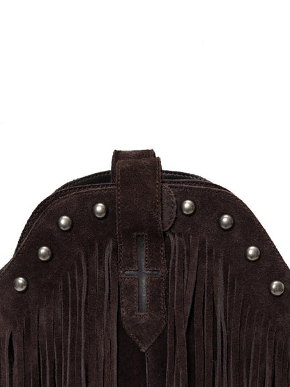 V-Mouth Pointed Toe Suede Cowhide Western Rivet Tassel Mid-Leg Knight Boots【s0000014961】