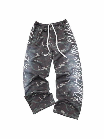 Camouflage Floral Embroidered Hooded Fur Collar Lazy Drawstring Wide-Leg Sweatshirt Suit【s0000014962】