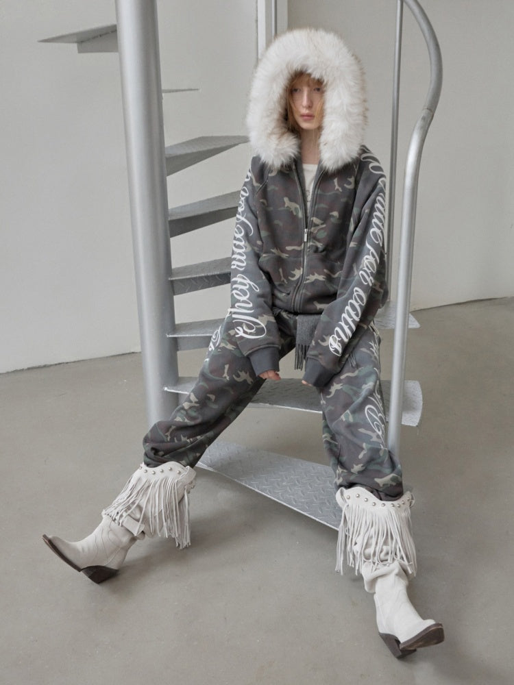Camouflage Floral Embroidered Hooded Fur Collar Lazy Drawstring Wide-Leg Sweatshirt Suit【s0000014962】