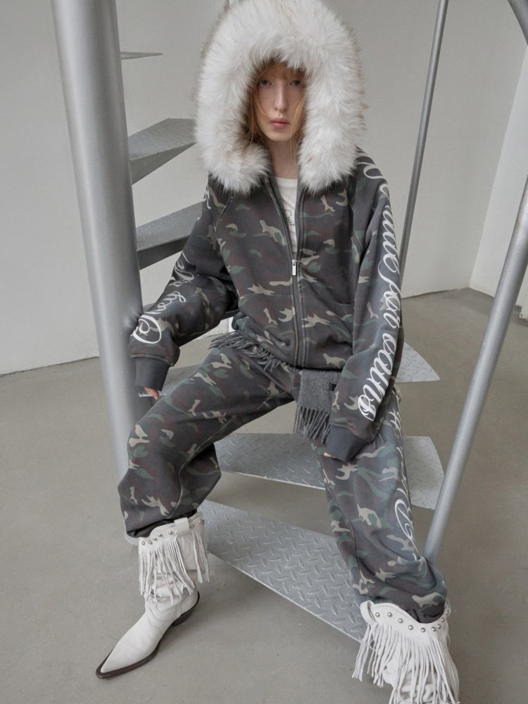 Camouflage Floral Embroidered Hooded Fur Collar Lazy Drawstring Wide-Leg Sweatshirt Suit【s0000014962】