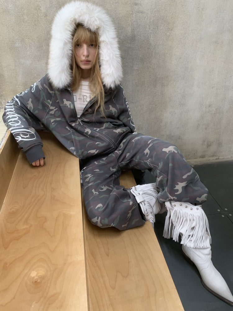 Camouflage Floral Embroidered Hooded Fur Collar Lazy Drawstring Wide-Leg Sweatshirt Suit【s0000014962】