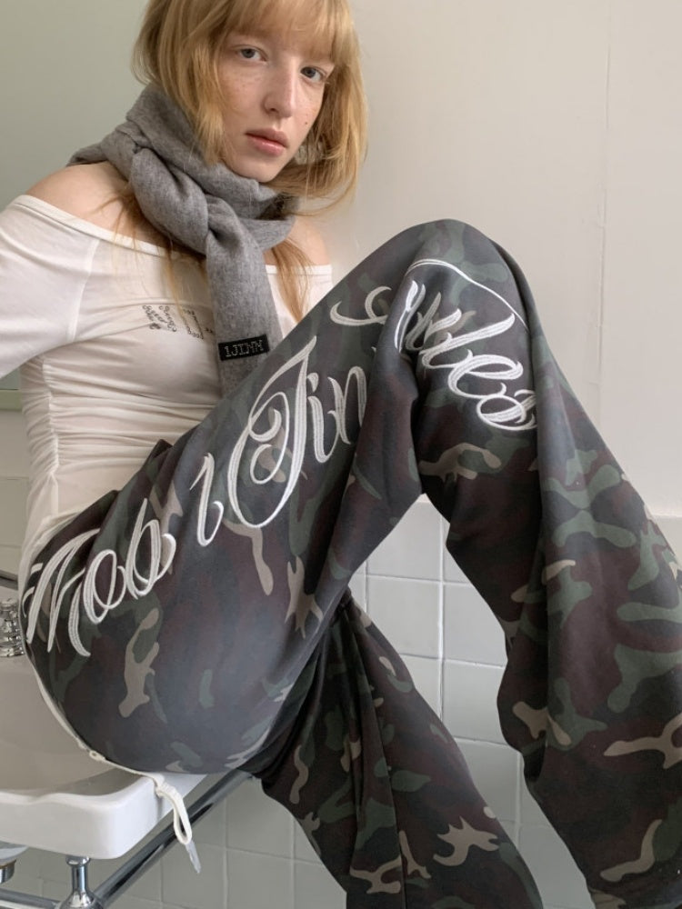 Camouflage Floral Embroidered Hooded Fur Collar Lazy Drawstring Wide-Leg Sweatshirt Suit【s0000014962】