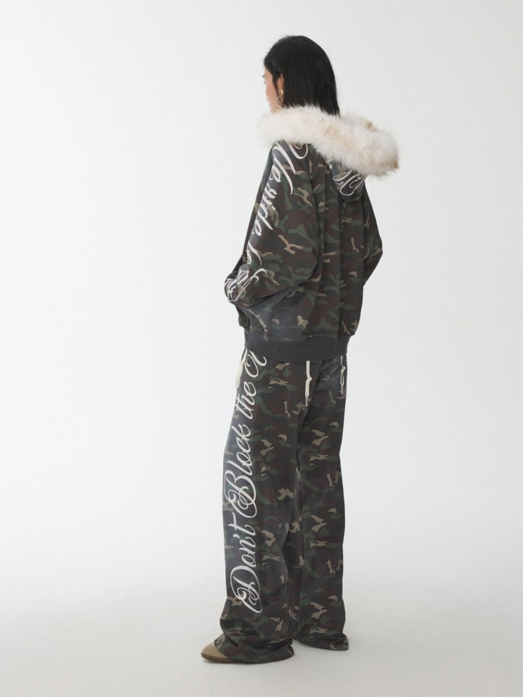 Camouflage Floral Embroidered Hooded Fur Collar Lazy Drawstring Wide-Leg Sweatshirt Suit【s0000014962】