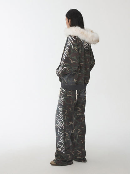 Camouflage Floral Embroidered Hooded Fur Collar Lazy Drawstring Wide-Leg Sweatshirt Suit【s0000014962】