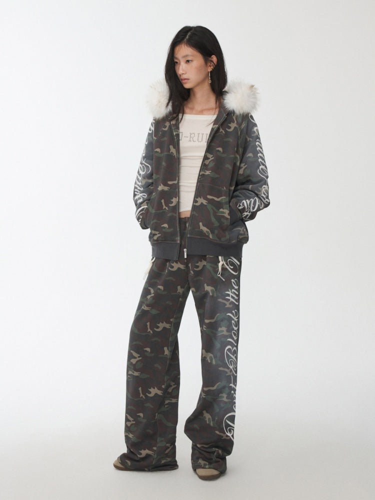 Camouflage Floral Embroidered Hooded Fur Collar Lazy Drawstring Wide-Leg Sweatshirt Suit【s0000014962】