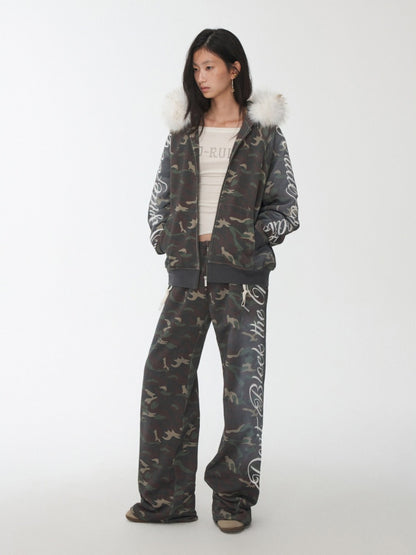 Camouflage Floral Embroidered Hooded Fur Collar Lazy Drawstring Wide-Leg Sweatshirt Suit【s0000014962】