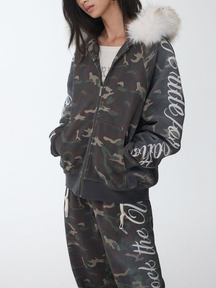 Camouflage Floral Embroidered Hooded Fur Collar Lazy Drawstring Wide-Leg Sweatshirt Suit【s0000014962】