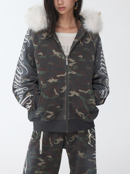 Camouflage Floral Embroidered Hooded Fur Collar Lazy Drawstring Wide-Leg Sweatshirt Suit【s0000014962】