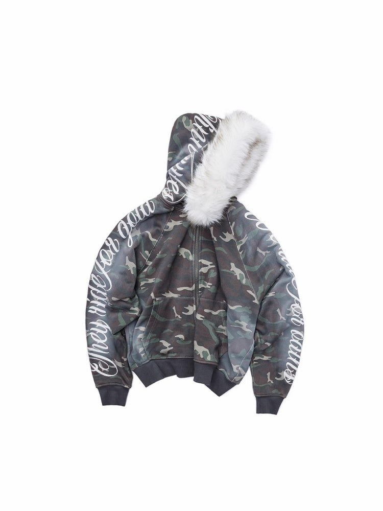 Camouflage Floral Embroidered Hooded Fur Collar Lazy Drawstring Wide-Leg Sweatshirt Suit【s0000014962】