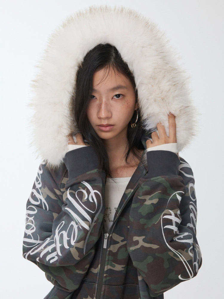 Camouflage Floral Embroidered Hooded Fur Collar Lazy Drawstring Wide-Leg Sweatshirt Suit【s0000014962】