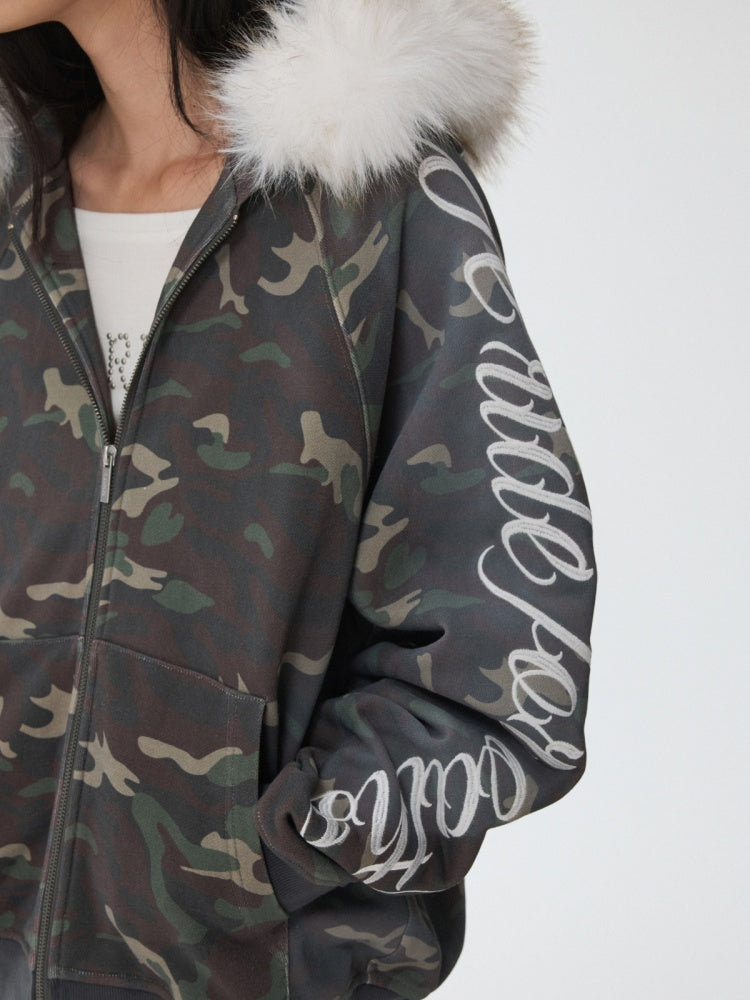 Camouflage Floral Embroidered Hooded Fur Collar Lazy Drawstring Wide-Leg Sweatshirt Suit【s0000014962】