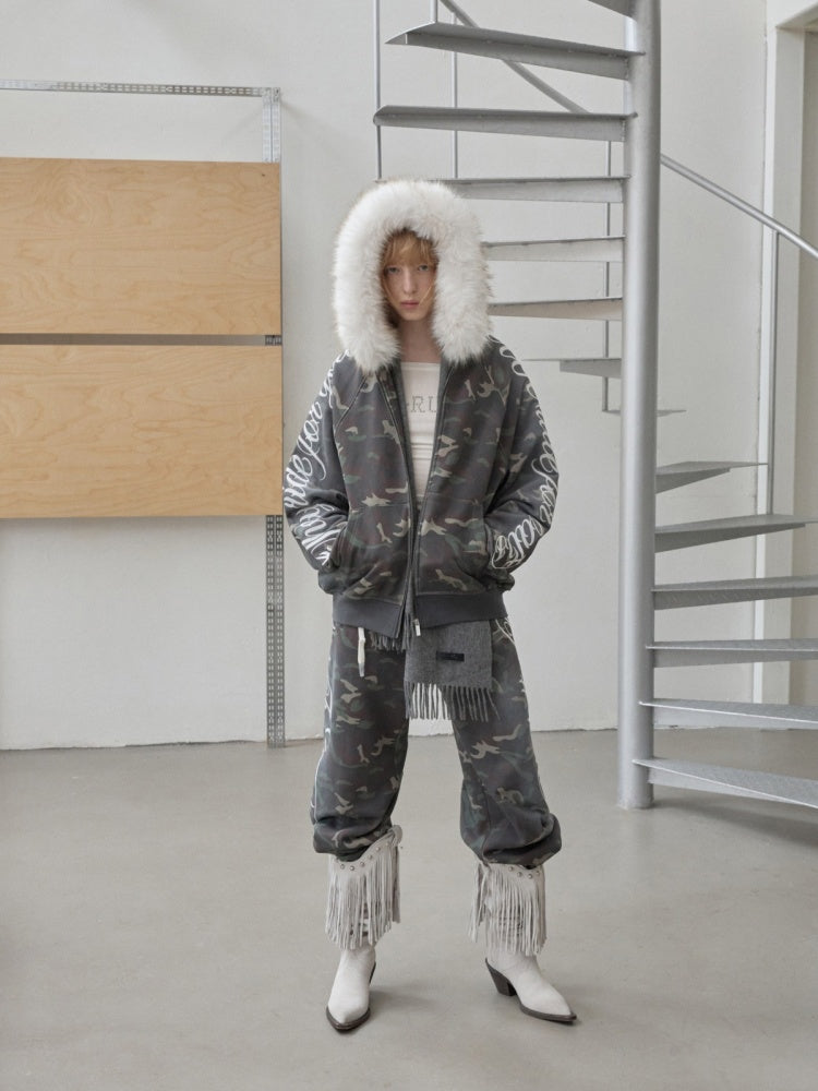 Camouflage Floral Embroidered Hooded Fur Collar Lazy Drawstring Wide-Leg Sweatshirt Suit【s0000014962】