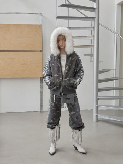 Camouflage Floral Embroidered Hooded Fur Collar Lazy Drawstring Wide-Leg Sweatshirt Suit【s0000014962】