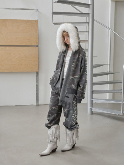 Camouflage Floral Embroidered Hooded Fur Collar Lazy Drawstring Wide-Leg Sweatshirt Suit【s0000014962】