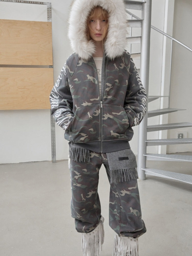 Camouflage Floral Embroidered Hooded Fur Collar Lazy Drawstring Wide-Leg Sweatshirt Suit【s0000014962】