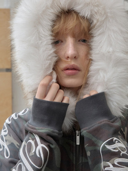 Camouflage Floral Embroidered Hooded Fur Collar Lazy Drawstring Wide-Leg Sweatshirt Suit【s0000014962】