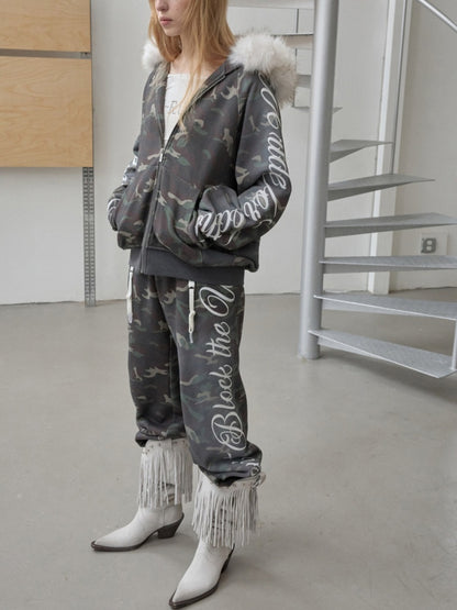 Camouflage Floral Embroidered Hooded Fur Collar Lazy Drawstring Wide-Leg Sweatshirt Suit【s0000014962】