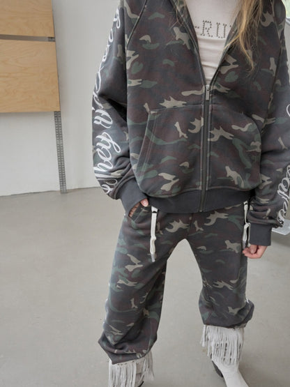 Camouflage Floral Embroidered Hooded Fur Collar Lazy Drawstring Wide-Leg Sweatshirt Suit【s0000014962】