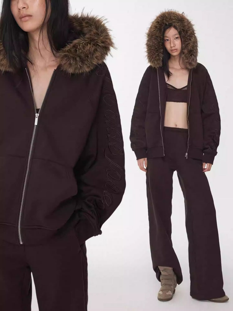 Heavy Flower Embroidered Fur Collar Loose Hooded Drawstring Straight Sweatshirt【s0000014963】