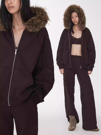 Heavy Flower Embroidered Fur Collar Loose Hooded Drawstring Straight Sweatshirt【s0000014963】