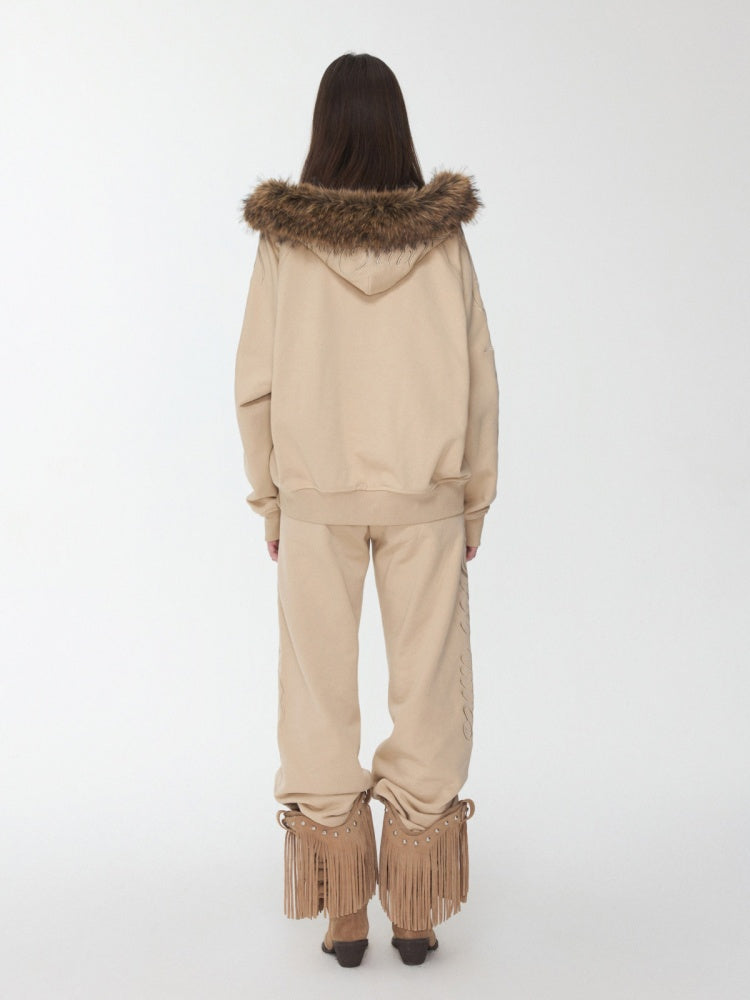 Heavy Flower Embroidered Fur Collar Loose Hooded Drawstring Straight Sweatshirt【s0000014963】