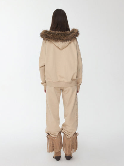 Heavy Flower Embroidered Fur Collar Loose Hooded Drawstring Straight Sweatshirt【s0000014963】