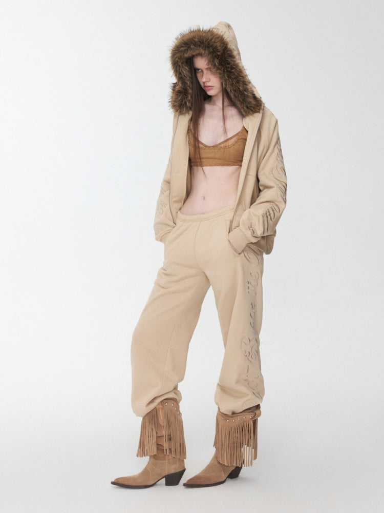 Heavy Flower Embroidered Fur Collar Loose Hooded Drawstring Straight Sweatshirt【s0000014963】