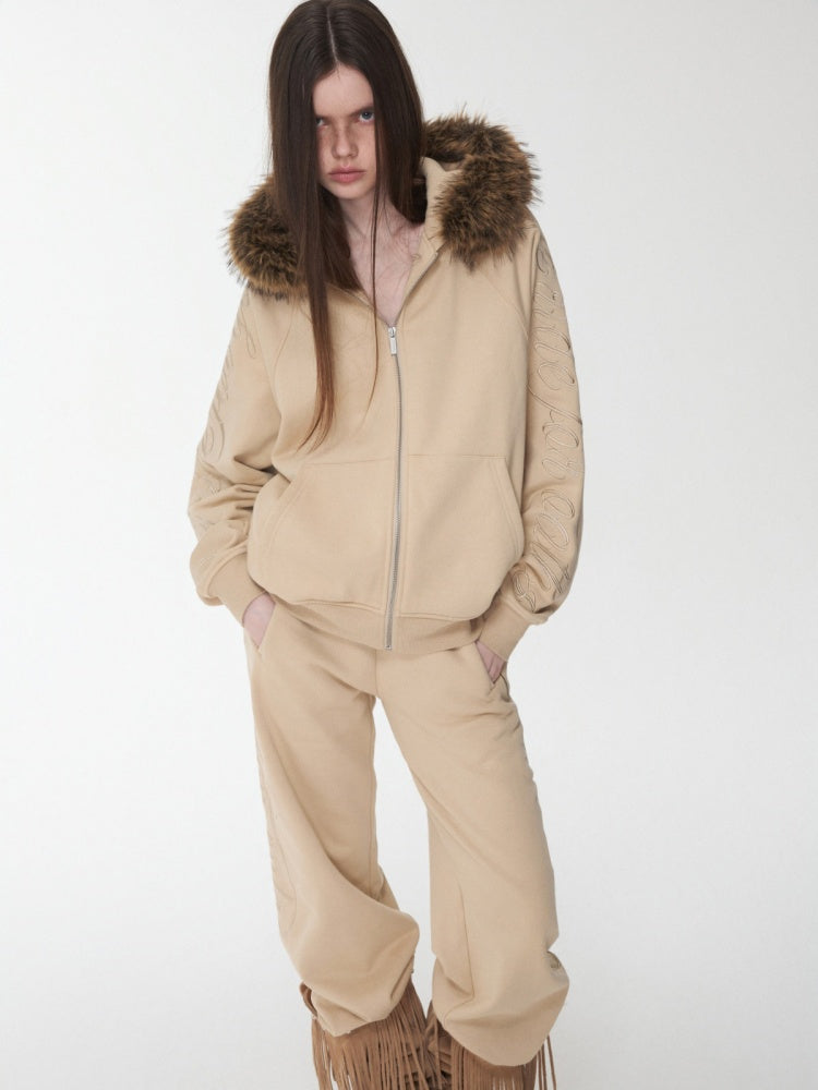 Heavy Flower Embroidered Fur Collar Loose Hooded Drawstring Straight Sweatshirt【s0000014963】