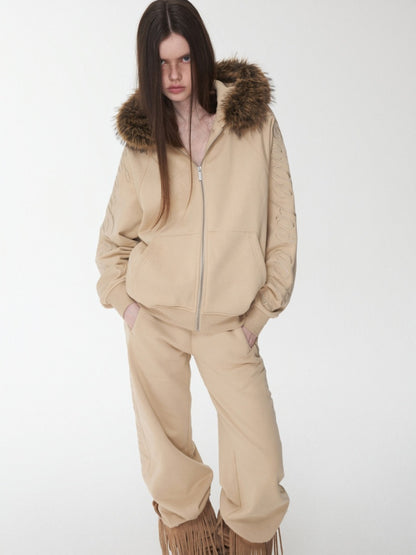 Heavy Flower Embroidered Fur Collar Loose Hooded Drawstring Straight Sweatshirt【s0000014963】