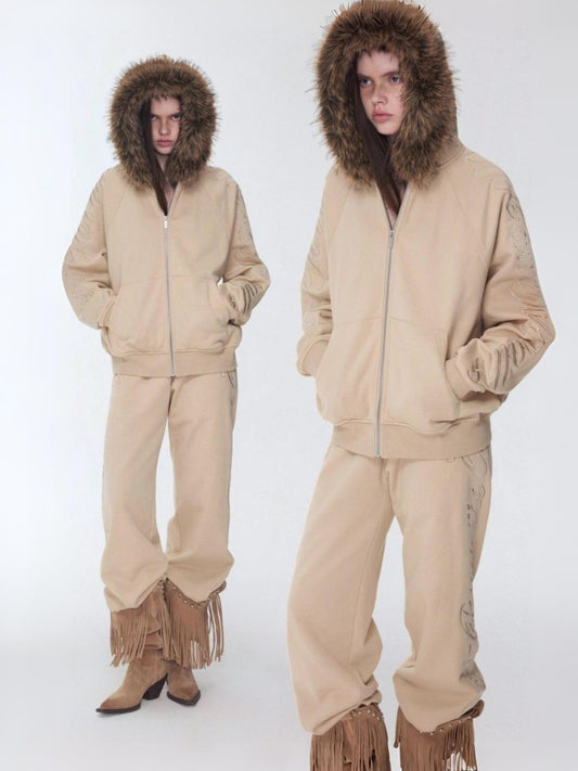 Heavy Flower Embroidered Fur Collar Loose Hooded Drawstring Straight Sweatshirt【s0000014963】