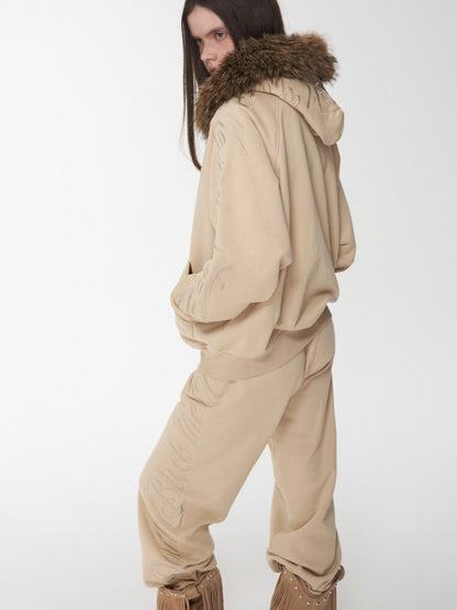 Heavy Flower Embroidered Fur Collar Loose Hooded Drawstring Straight Sweatshirt【s0000014963】