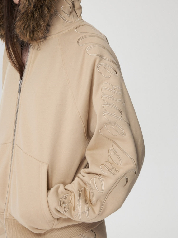 Heavy Flower Embroidered Fur Collar Loose Hooded Drawstring Straight Sweatshirt【s0000014963】