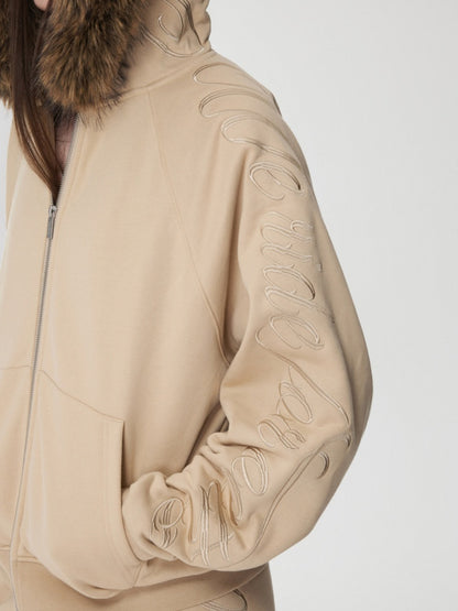 Heavy Flower Embroidered Fur Collar Loose Hooded Drawstring Straight Sweatshirt【s0000014963】