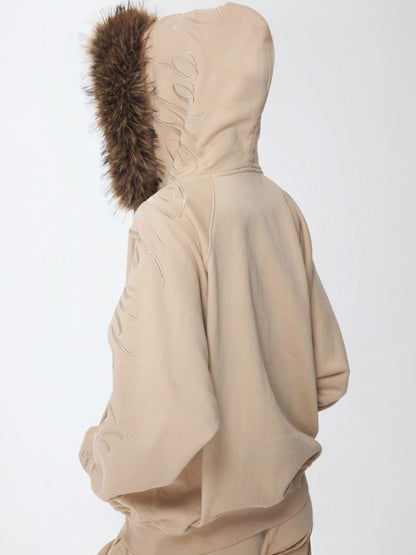 Heavy Flower Embroidered Fur Collar Loose Hooded Drawstring Straight Sweatshirt【s0000014963】