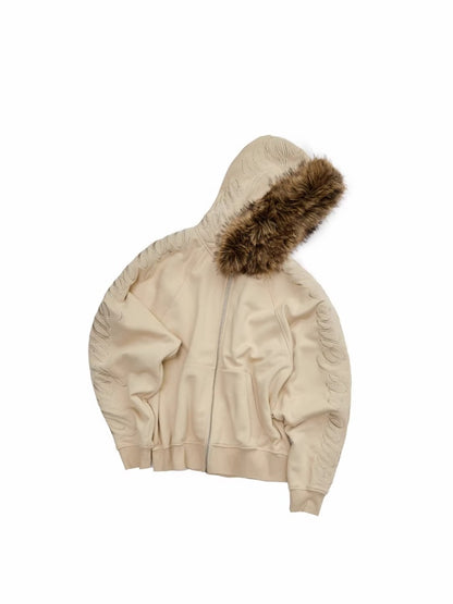 Heavy Flower Embroidered Fur Collar Loose Hooded Drawstring Straight Sweatshirt【s0000014963】