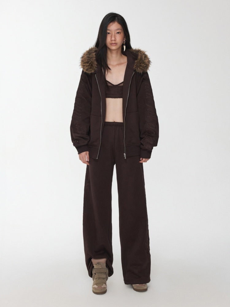 Heavy Flower Embroidered Fur Collar Loose Hooded Drawstring Straight Sweatshirt【s0000014963】